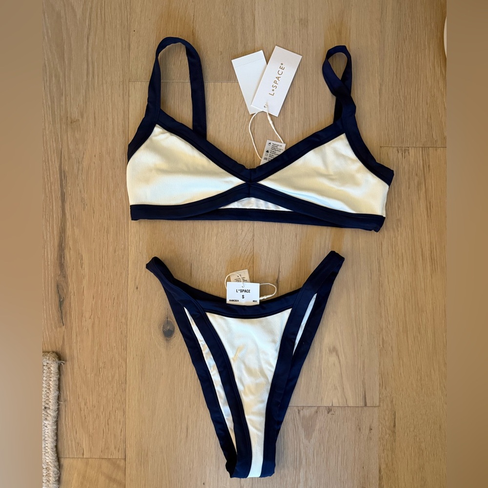 NWT L*Space Mackenzie Bikini Top & Taylor Bottoms | Cream/Navy